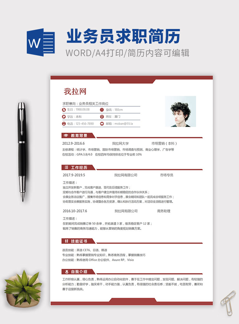 深紅色經(jīng)典風(fēng)格業(yè)務(wù)員個人簡歷模板