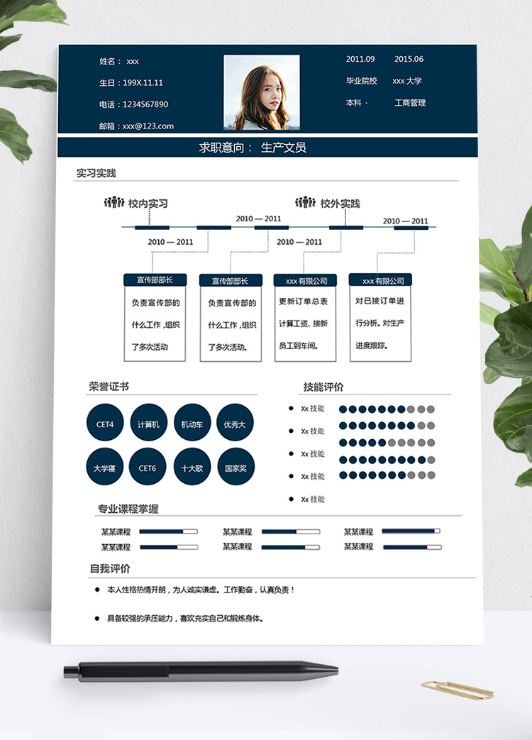 藏青色創(chuàng)意風(fēng)生產(chǎn)文員個(gè)人簡(jiǎn)歷模板