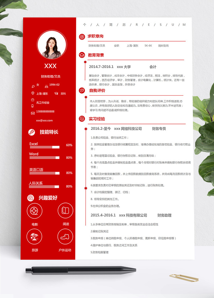 大紅色簡約風(fēng)財務(wù)文員個人簡歷模板