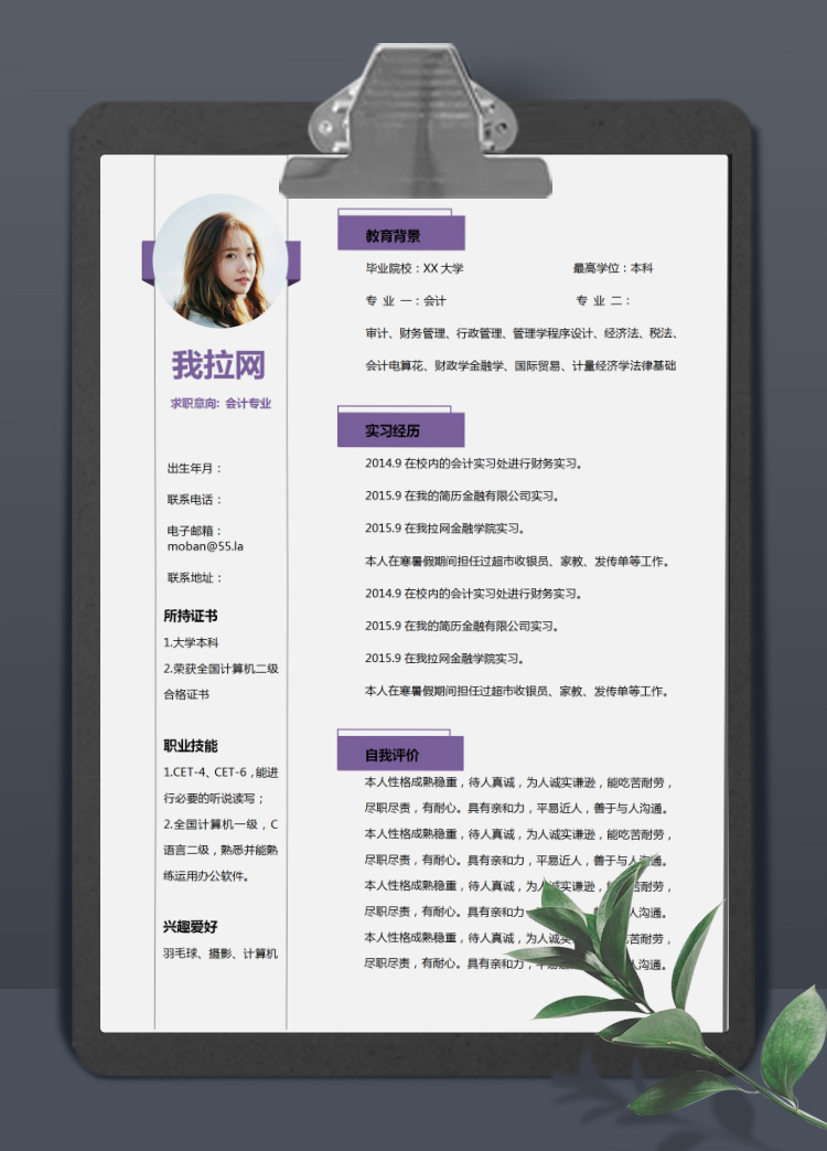 紫色系簡約風(fēng)出納專員個(gè)人簡歷模板
