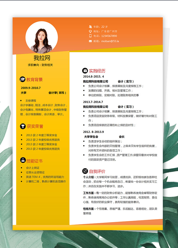 橘黃色創意風格財務相關個人簡歷模板-1