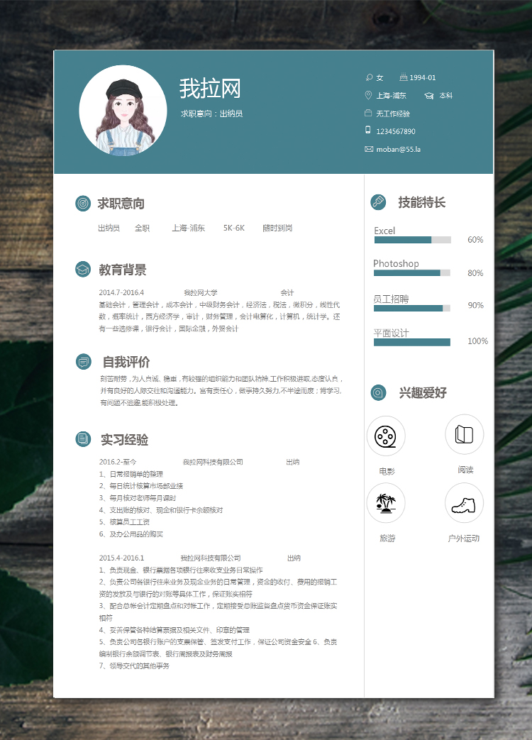 墨藍(lán)色簡潔風(fēng)出納個(gè)人簡歷模板