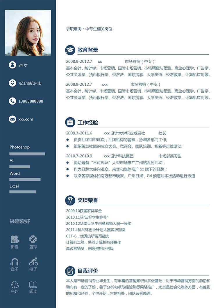 寶藍(lán)色簡潔風(fēng)中專生個(gè)人簡歷模板-1