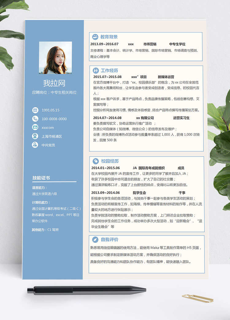 湖藍(lán)色精美風(fēng)中專生個(gè)人簡(jiǎn)歷模板