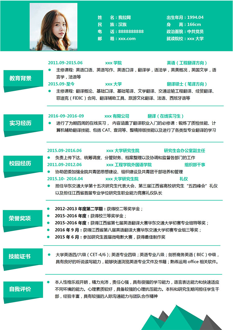 苔蘚綠精簡(jiǎn)商務(wù)英語研究生簡(jiǎn)歷模板-1