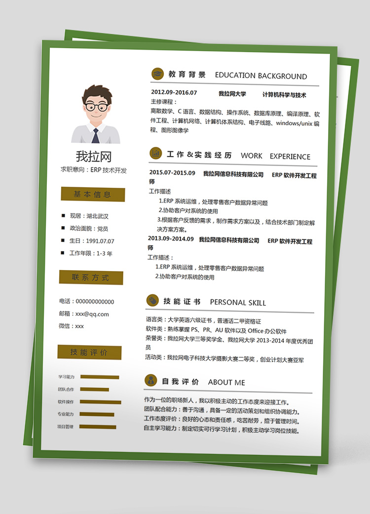 綠色ERP開發(fā)維護(hù)技術(shù)負(fù)責(zé)人簡歷