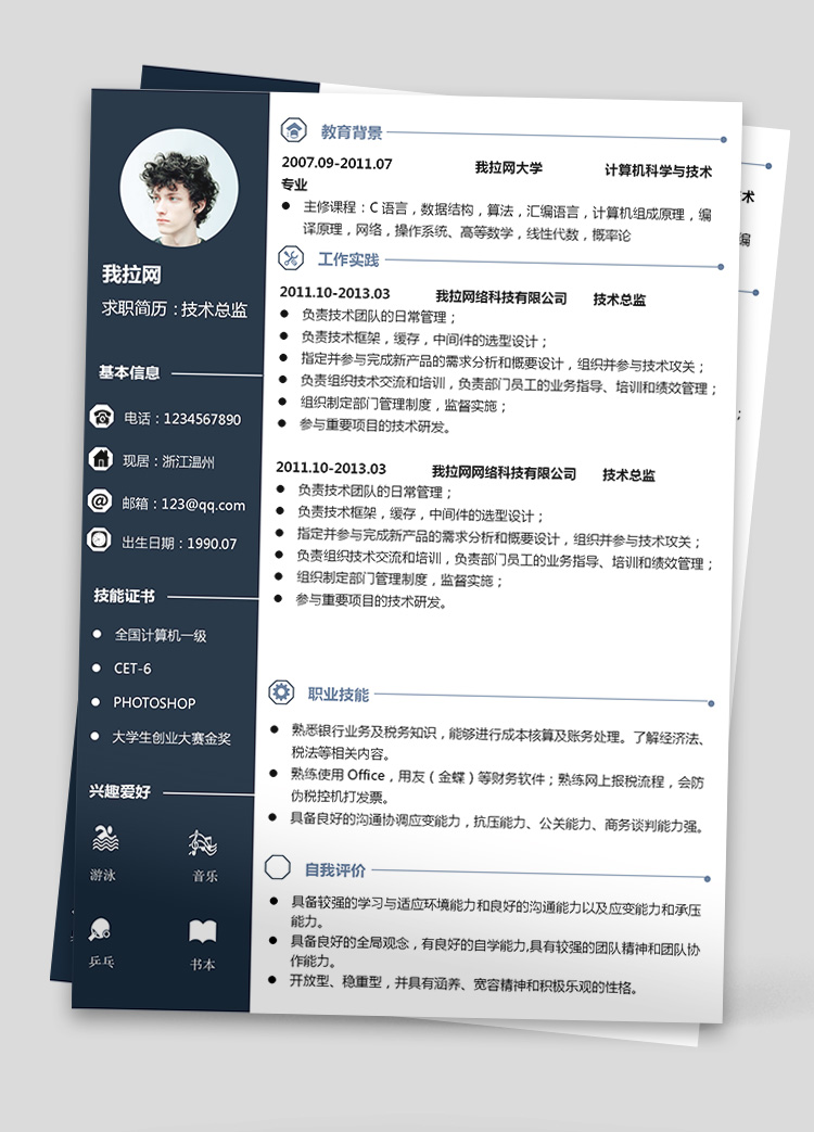 墨藍風財務系統技術負責人簡歷模板