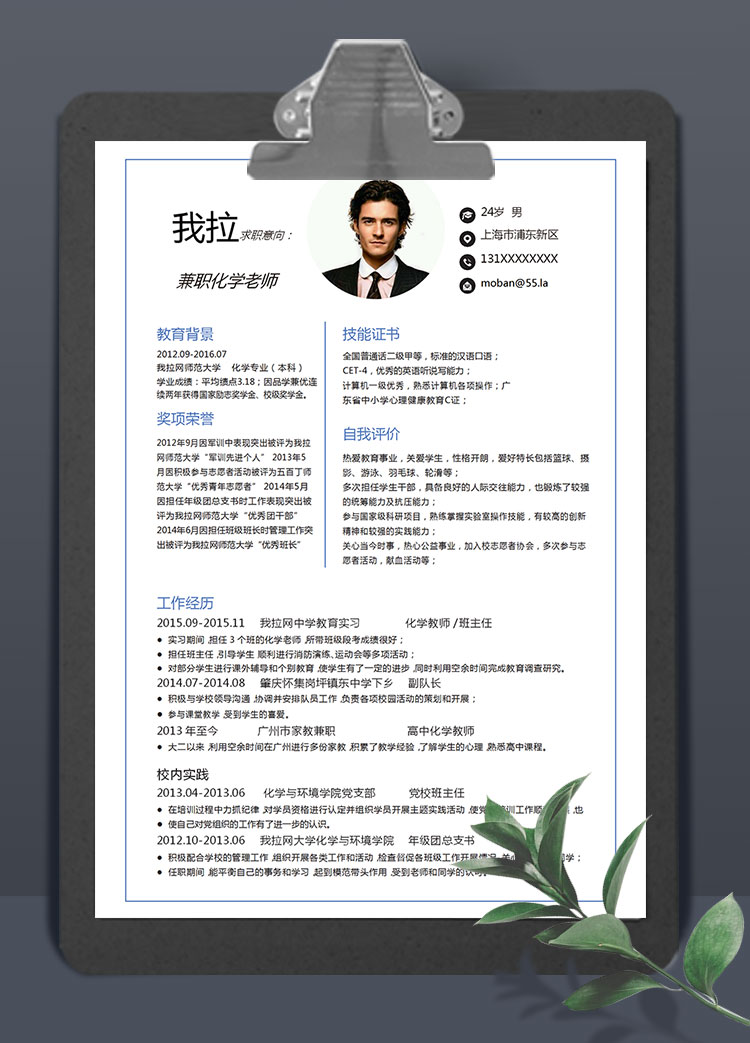 簡約大氣兼職化學(xué)老師簡歷模板