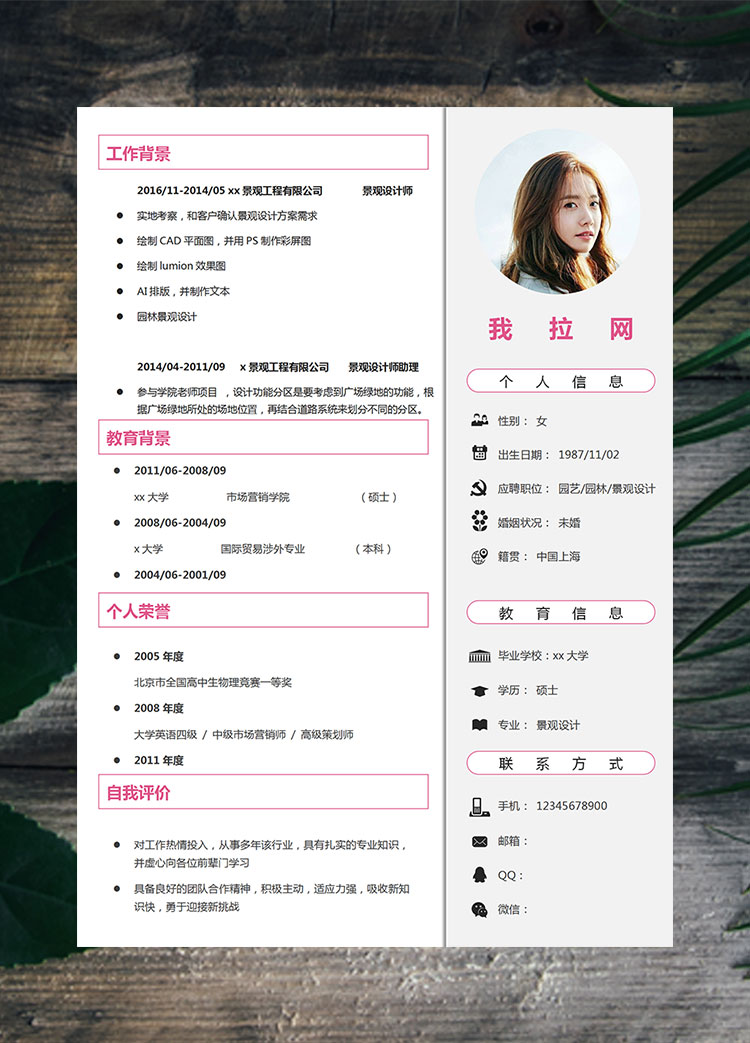 粉色線條風(fēng)景觀設(shè)計師簡歷模板