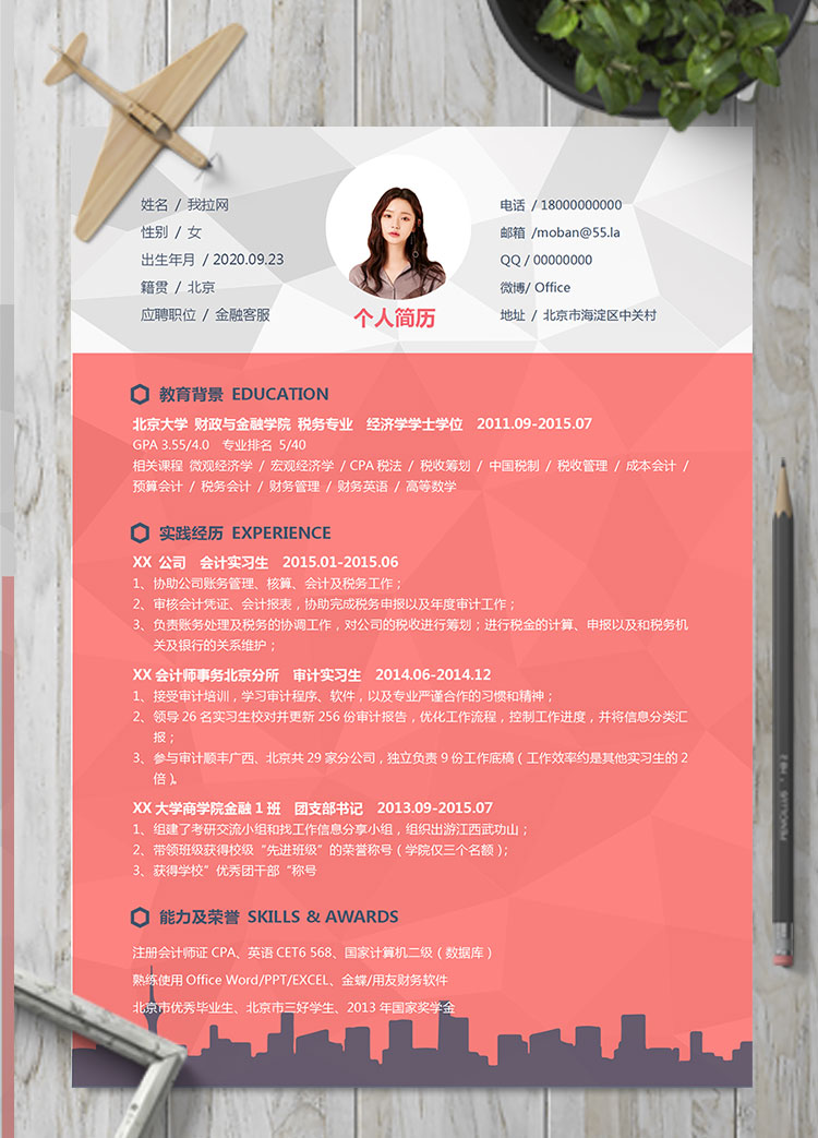 粉紅色精美風(fēng)金融客服個(gè)人簡歷模板