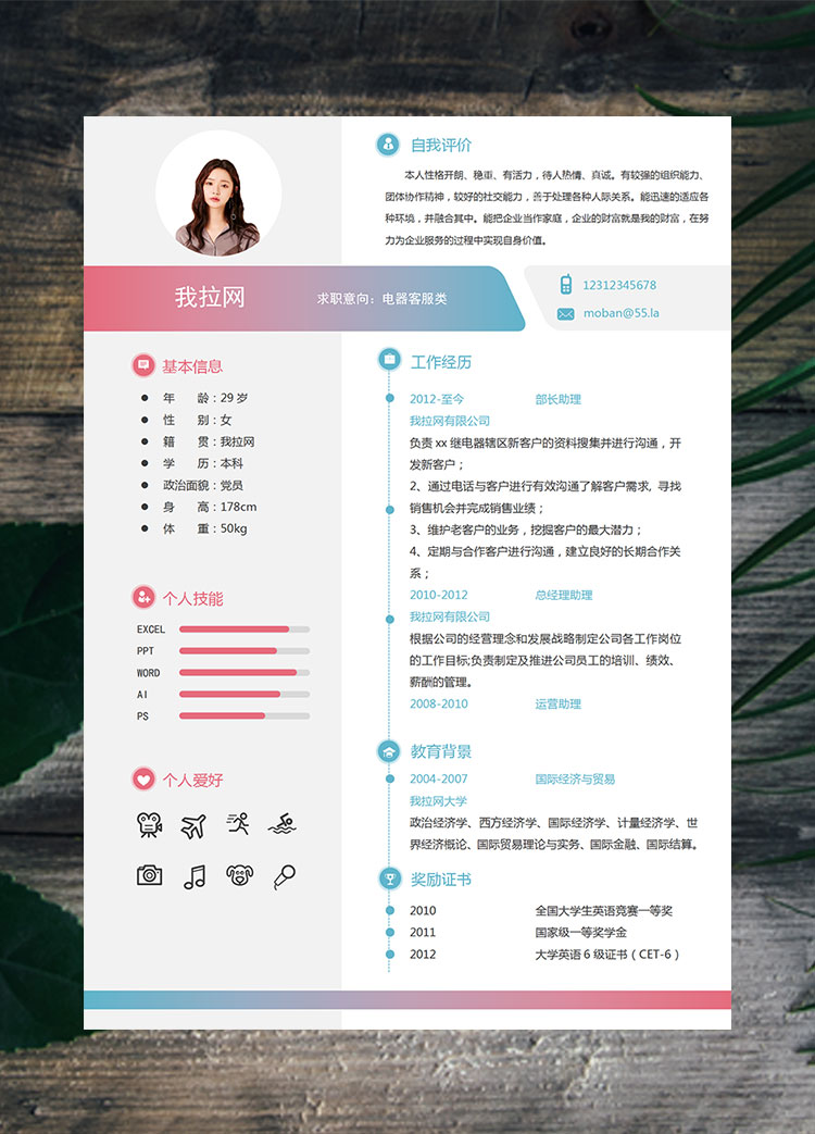 彩色系時尚風(fēng)格電器客服類簡歷模板