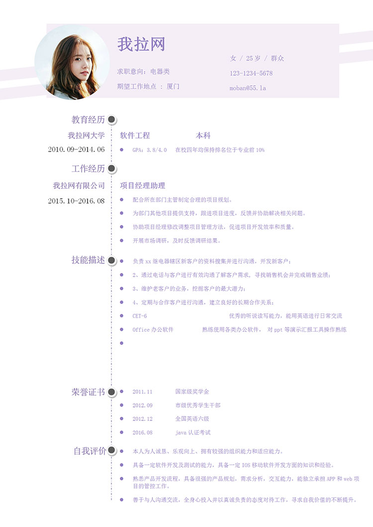 淺紫色創(chuàng)意風(fēng)電器客服簡歷模板-1