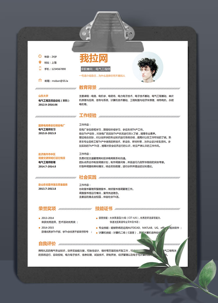橙色系精美風(fēng)電氣工程師簡歷模板