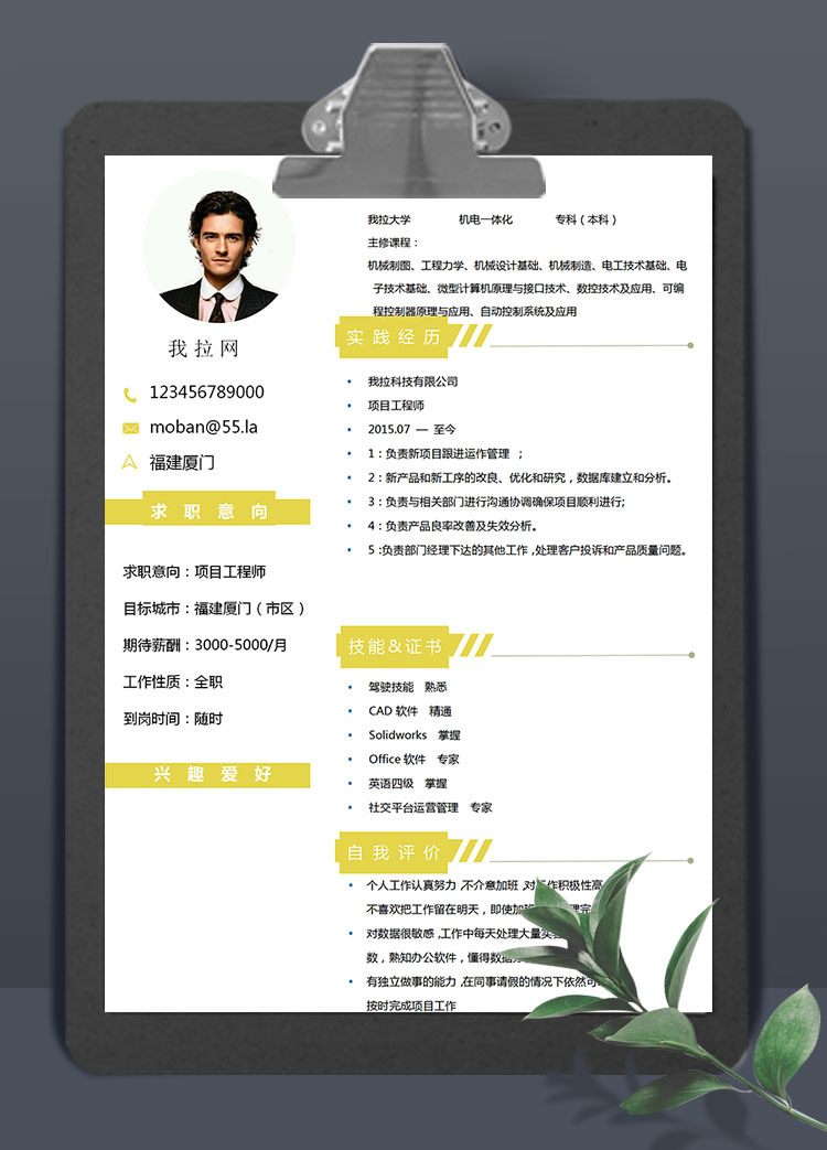 玉米黃個性風(fēng)項目工程師簡歷模板