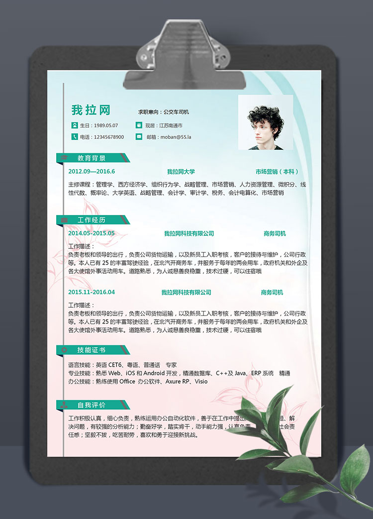 天藍(lán)色清新風(fēng)公交車(chē)司機(jī)簡(jiǎn)歷模板