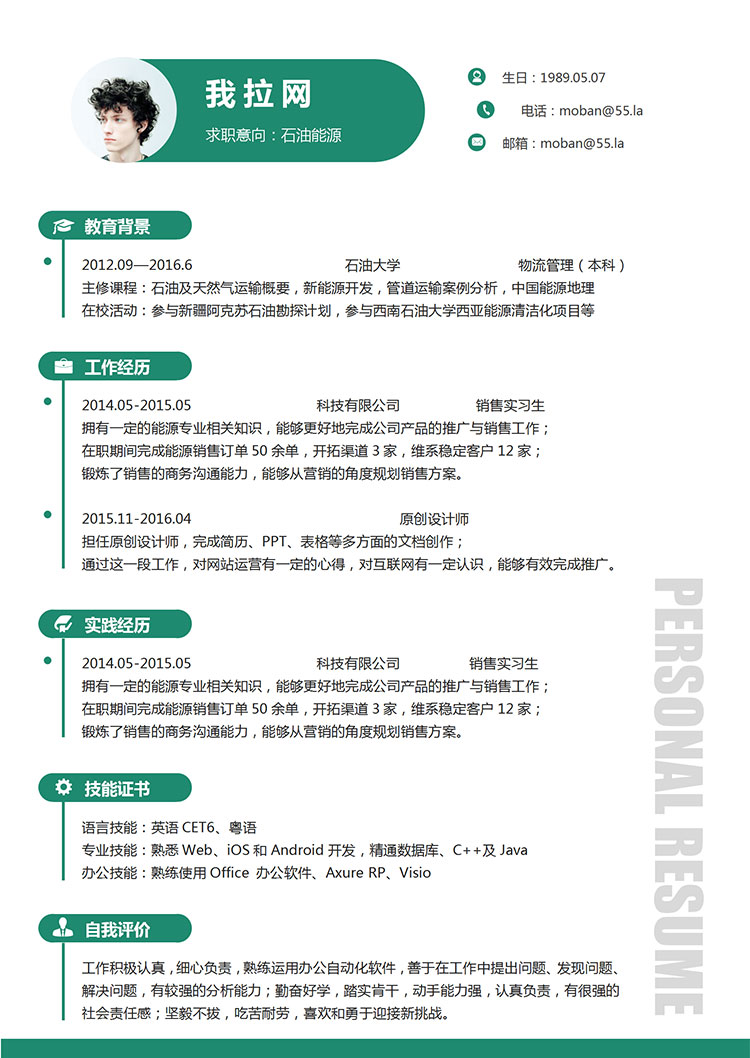 蔥綠色簡潔風石油能源簡歷模板-1