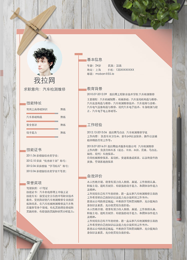 淺粉色個(gè)性風(fēng)汽車檢測(cè)維修簡(jiǎn)歷模板