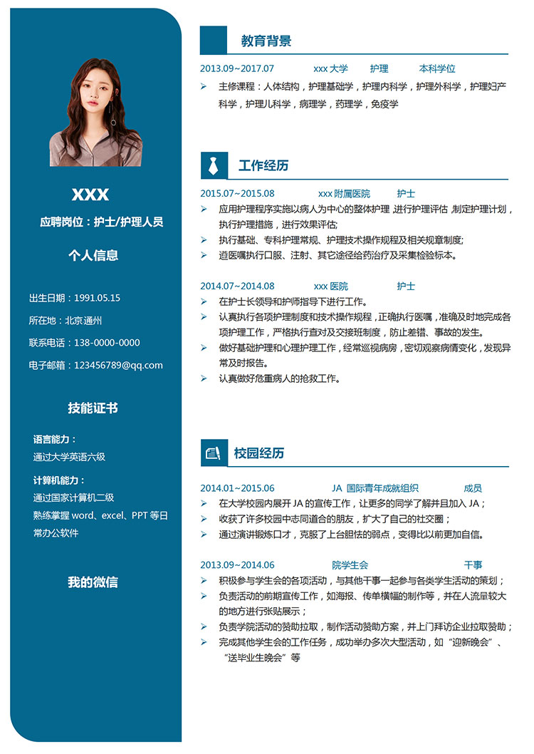 深藍色精美風護理個人簡歷模板-1