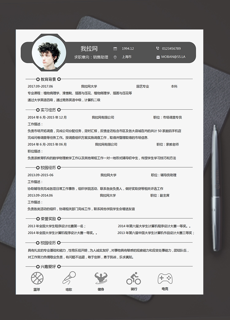 灰色大氣風(fēng)格銷售助理個(gè)人求職簡(jiǎn)歷模板