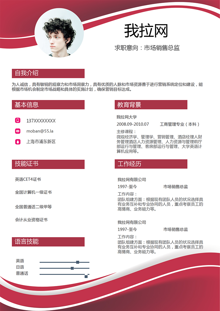 紅色曲線風(fēng)格市場(chǎng)銷售總監(jiān)求職簡(jiǎn)歷模板-1