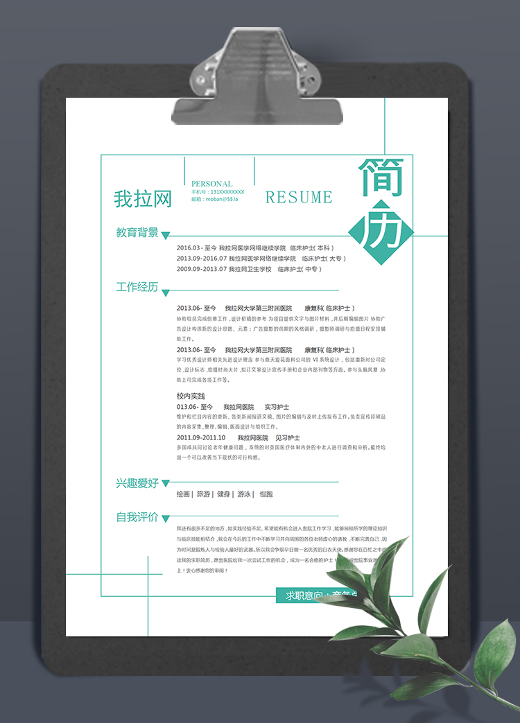 綠色線框簡潔大方風格商務總監簡歷模板