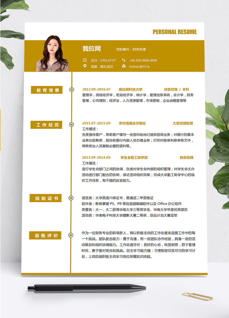 黃色簡約實(shí)用財(cái)務(wù)助理會(huì)計(jì)2年工作經(jīng)驗(yàn)簡歷word模板