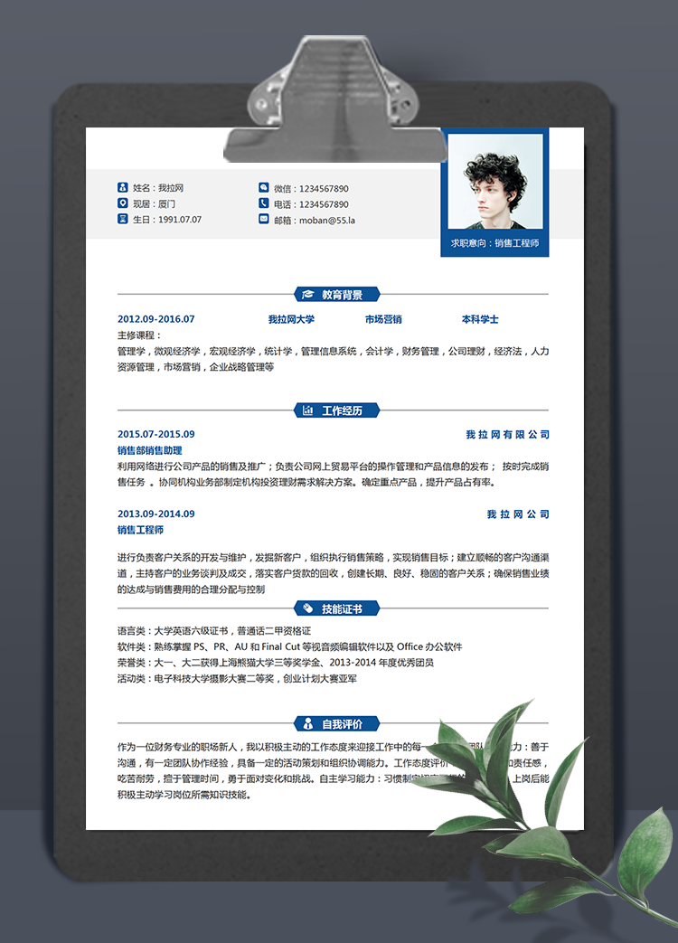 藍(lán)色系銷售工程師word簡(jiǎn)歷模板