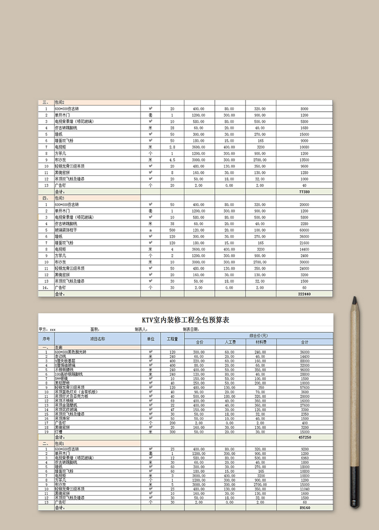 KTV室內裝修工程預算表