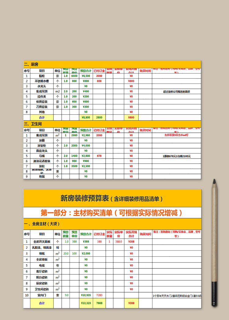 裝修用品明細清單預(yù)算表